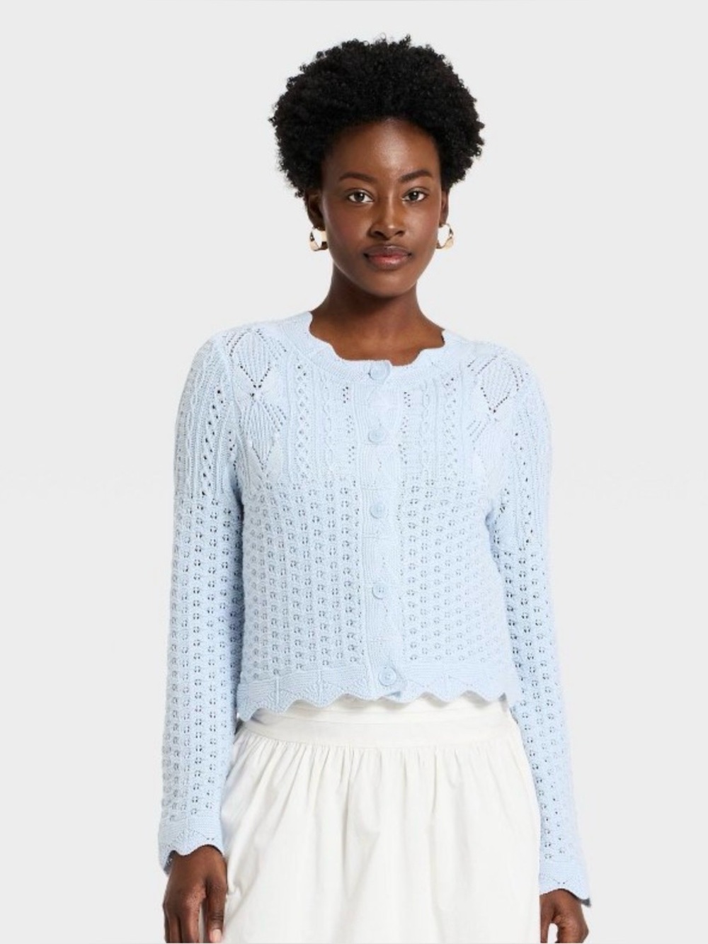 Universal Thread Pale Blue Openwork Scallop-Edge Cardigan